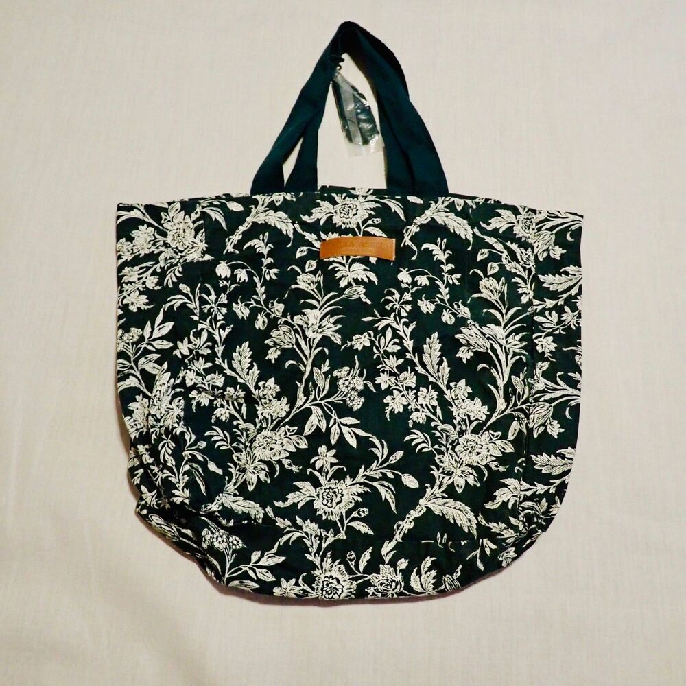 NEW Laura Ashley Tote Bag Cotton Floral Green White Shoulder Market Beach Bag